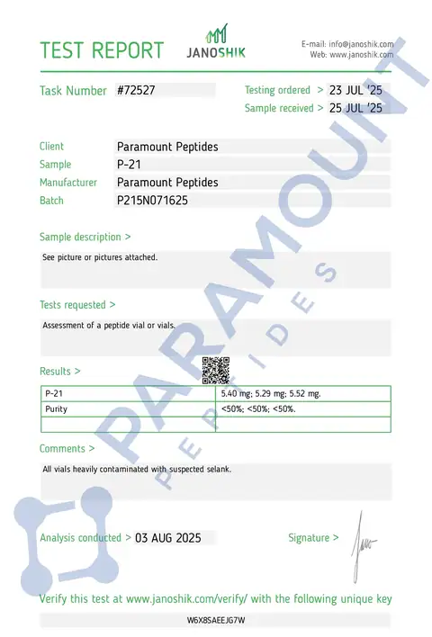 Page 1 of the certificate of analysis for P21 / BDNF (Brain-derived neurotrophic factor) (10mg) lot P215N071625 (Janoshik)