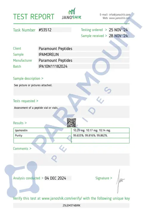 Page 1 of the certificate of analysis for Ipamorelin (10mg) lot IPA10N11182024 (Janoshik)