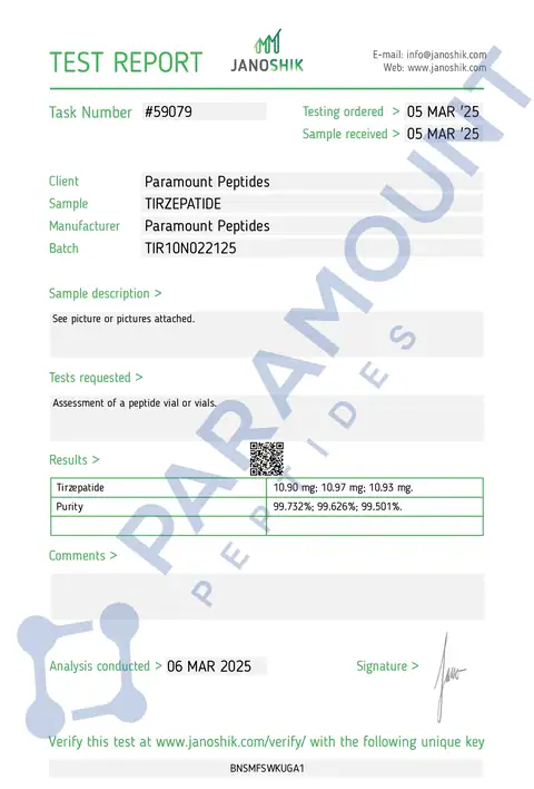 Page 1 of the certificate of analysis for GLP-2 T - 10mg lot TIR10N022125 (Janoshik)