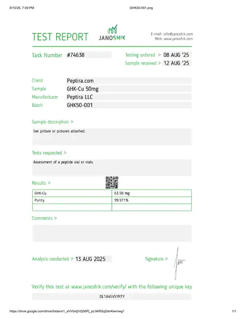 Page 1 of the certificate of analysis for GHK-Cu Vial 50 mg lot GHK50-001 (Janoshik)