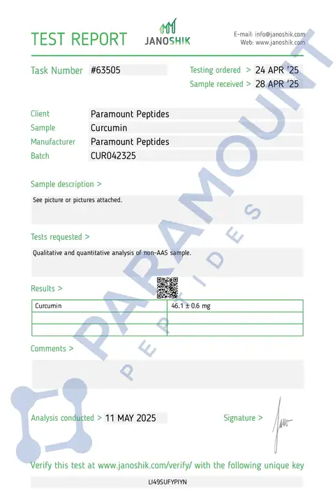 Page 1 of the certificate of analysis for Curcumin (600mg) lot CUR042325 (Janoshik)