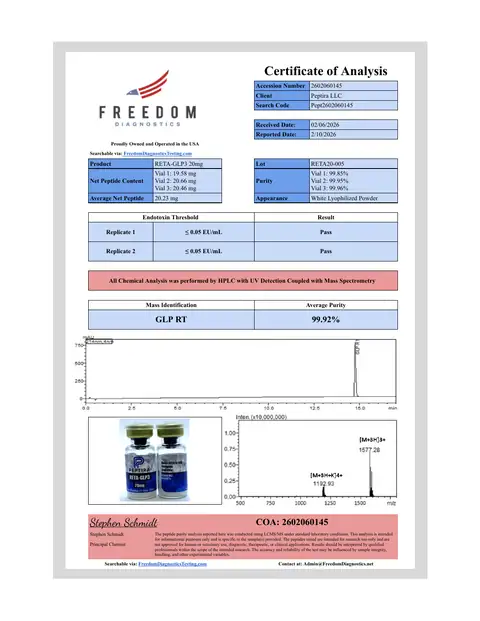Page 1 of the certificate of analysis for RETA-3 Vial 20 mg lot RETA20-005 (Freedom Diagnostics)