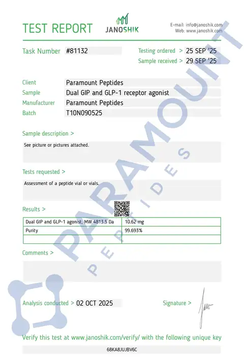 Page 1 of the certificate of analysis for GLP-2 T - 10mg lot T10N090525 (Janoshik)