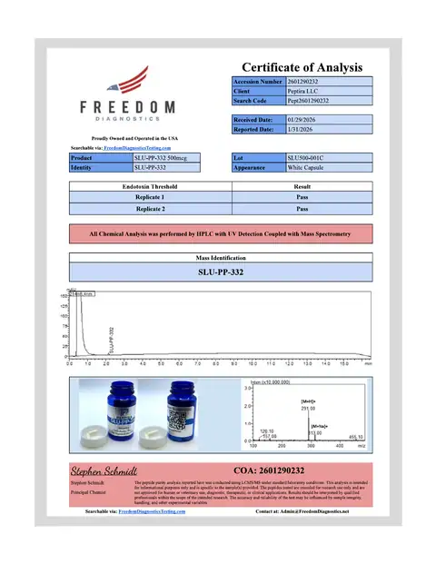 Page 1 of the certificate of analysis for SLU-PP-332 Caps 500 mg 60ct lot SLU500-001C (Freedom Diagnostics)