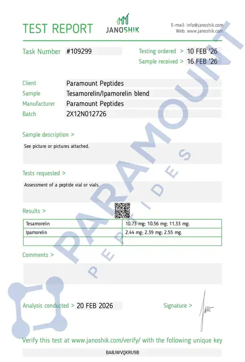 Page 1 of the certificate of analysis for 2X Blend Tesamorelin (10mg) / Ipamorelin (2mg) Research Blend lot 2X12N012726 (Janoshik)