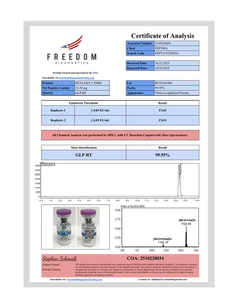 Page 1 of the certificate of analysis for RETA-3 Vial 20 mg lot RETA20-004 (Freedom Diagnostics)
