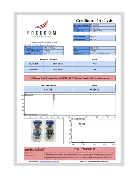 Page 1 of the certificate of analysis for BPC-157 Vial 10 mg lot BPC10-004 (Freedom Diagnostics)