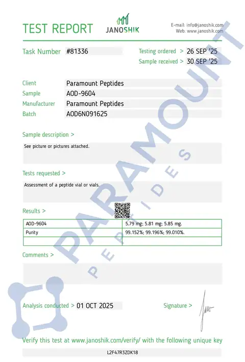 Page 1 of the certificate of analysis for AOD 9604 (6mg) lot AOD6N091625 (Janoshik)