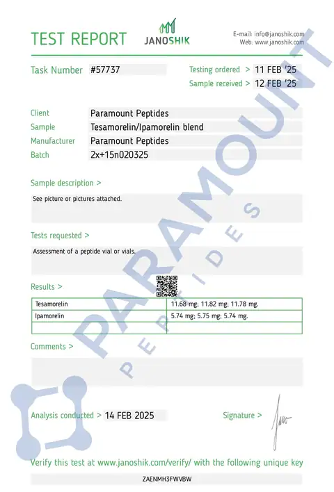 Page 1 of the certificate of analysis for 2X Blend Tesamorelin (10mg) / Ipamorelin (5mg) Research Blend lot 2x+15n020325 (Janoshik)