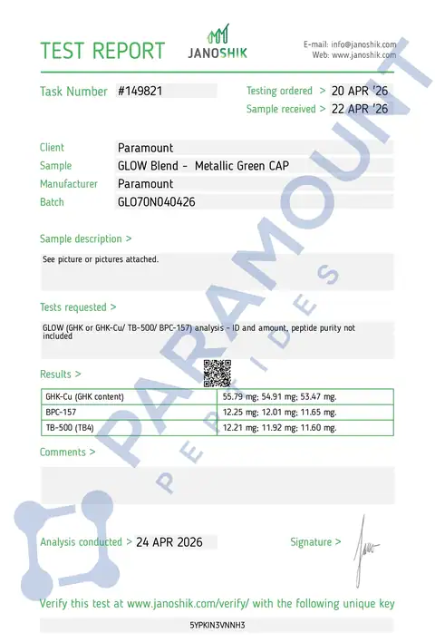 Page 1 of the certificate of analysis for GLOW 70 GHK-CU (50mg) / BPC-157 (10mg) / TB500 (10mg) lot GLO70N040426 (Janoshik)