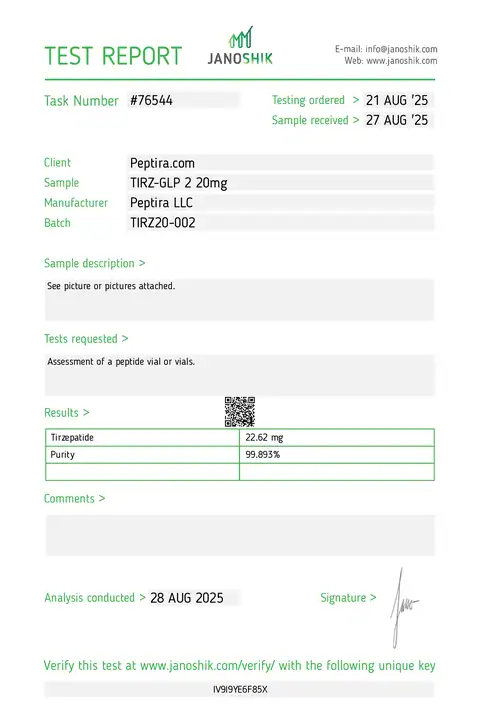 Page 1 of the certificate of analysis for TIRZ-2 Vial 20 mg lot TIRZ20-002 (Janoshik)