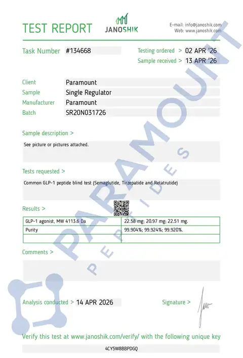Page 1 of the certificate of analysis for GLP-1 S - 20mg lot SR20N031726 (Janoshik)