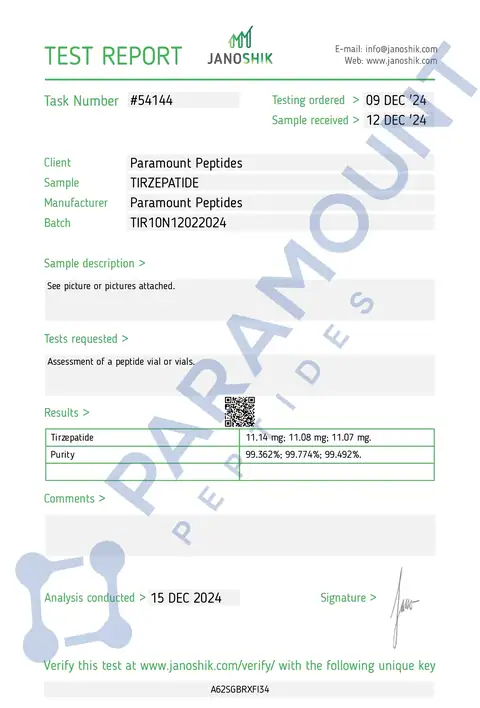 Page 1 of the certificate of analysis for GLP-2 T - 10mg lot TIR10N12022024 (Janoshik)