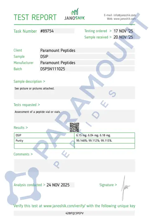 Page 1 of the certificate of analysis for DSIP (5mg) lot DSP5N111025 (Janoshik)
