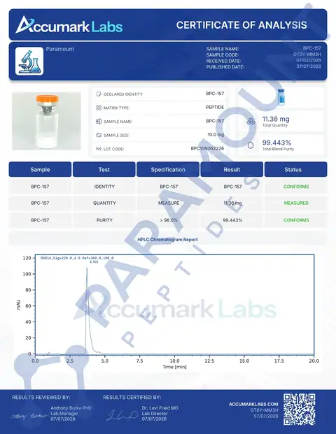 Page 1 of the certificate of analysis for BPC-157 (10mg) lot BPC10N062226 (Accumark Labs)