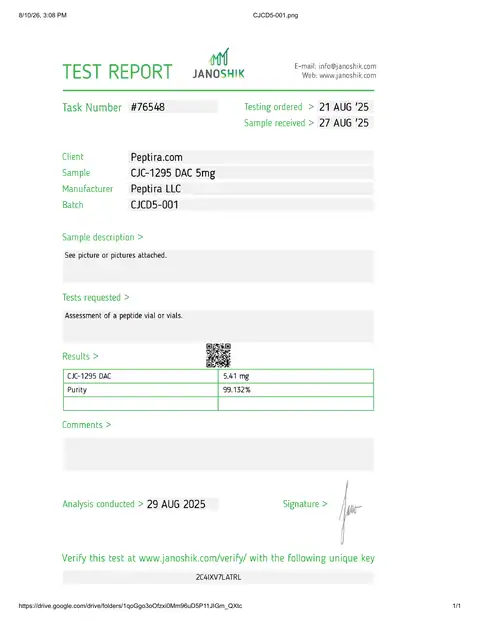 Page 1 of the certificate of analysis for CJC-1295 DAC Vial 5 mg lot CJCD5-001 (Janoshik)