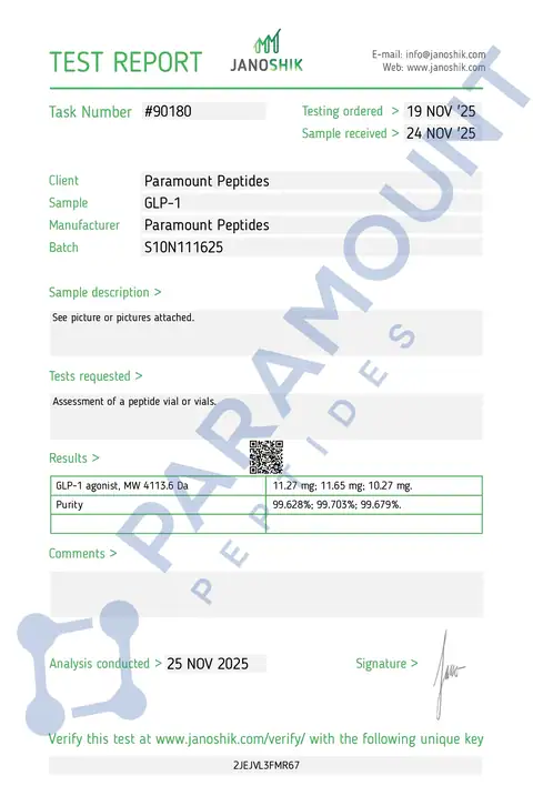 Page 1 of the certificate of analysis for GLP-1 S - 10mg lot S10N111625 (Janoshik)