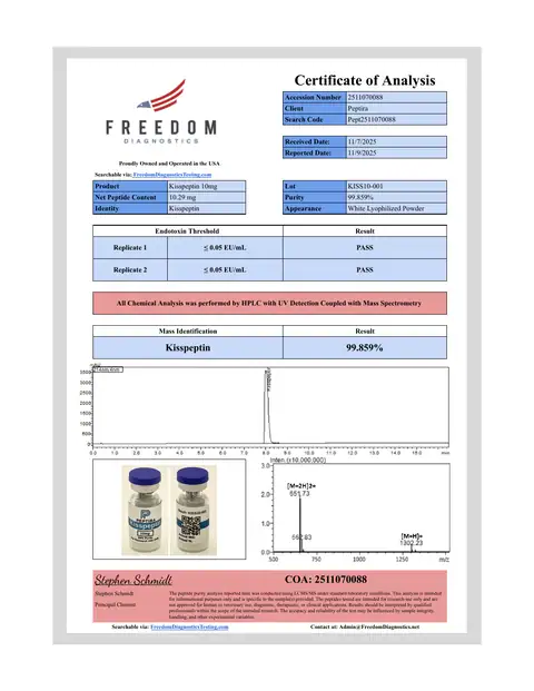Page 1 of the certificate of analysis for Kisspeptin Vial 10 mg lot KISS10-001 (Freedom Diagnostics)