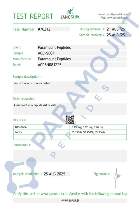 Page 1 of the certificate of analysis for AOD 9604 (6mg) lot AOD6N081225 (Janoshik)