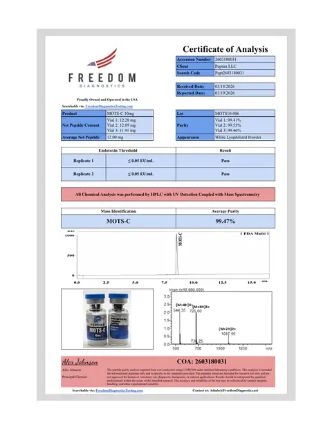 Page 1 of the certificate of analysis for MOTS-C Vial 10 mg lot MOTS10-006 (Freedom Diagnostics)