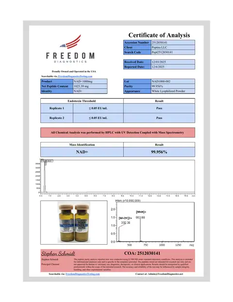 Page 1 of the certificate of analysis for NAD+ Vial 1000 mg lot NAD1000-002 (Freedom Diagnostics)