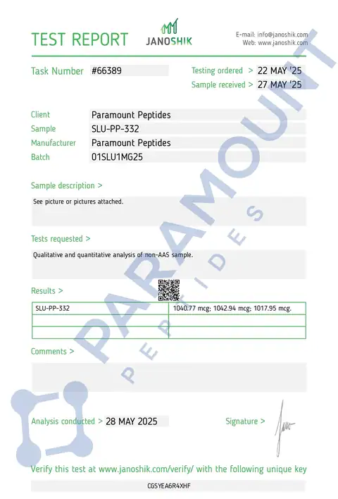 Page 1 of the certificate of analysis for SLU-PP-332 (1mg) x 60 Tablets lot 01SLU1MG25 (Janoshik)
