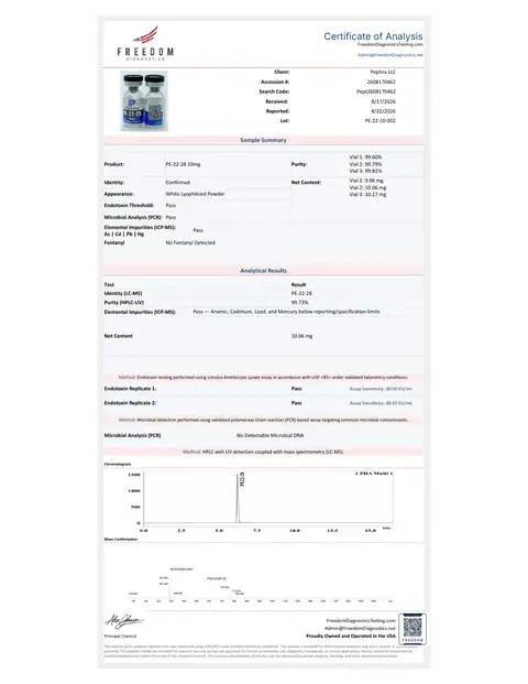 Page 1 of the certificate of analysis for PE-22-28 Vial 10 mg lot PE-22-10-002 (Freedom Diagnostics)