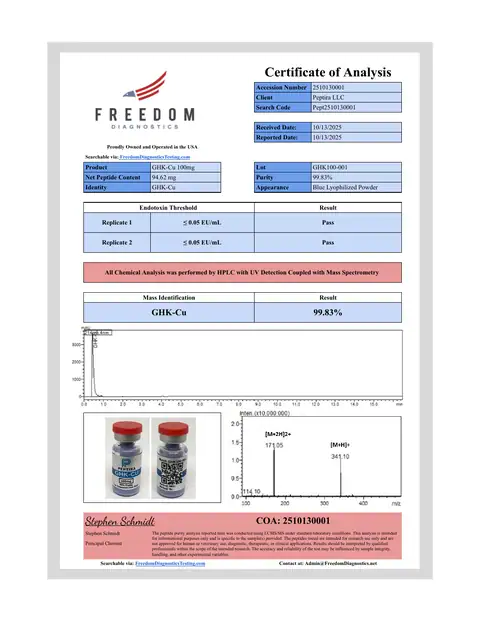 Page 1 of the certificate of analysis for GHK-Cu Vial 100 mg lot GHK100-001 (Freedom Diagnostics)