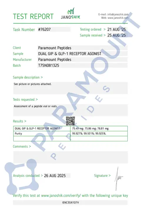 Page 1 of the certificate of analysis for GLP-2 T - 75mg lot T75N081325 (Janoshik)