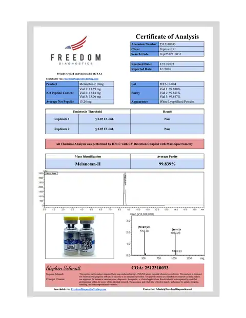 Page 1 of the certificate of analysis for Melanotan-2 Vial 10 mg lot MT2-10-004 (Freedom Diagnostics)