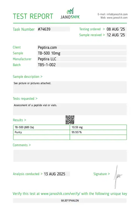 Page 1 of the certificate of analysis for TB-500 Vial 10 mg lot TB5-1-002 (Janoshik)