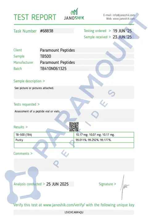 Page 1 of the certificate of analysis for Thymosin Beta 4 (TB500) (10mg) lot TB410N061325 (Janoshik)