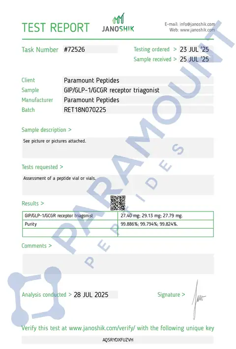 Page 1 of the certificate of analysis for GLP-3 R - 24mg lot RET18N070225 (Janoshik)