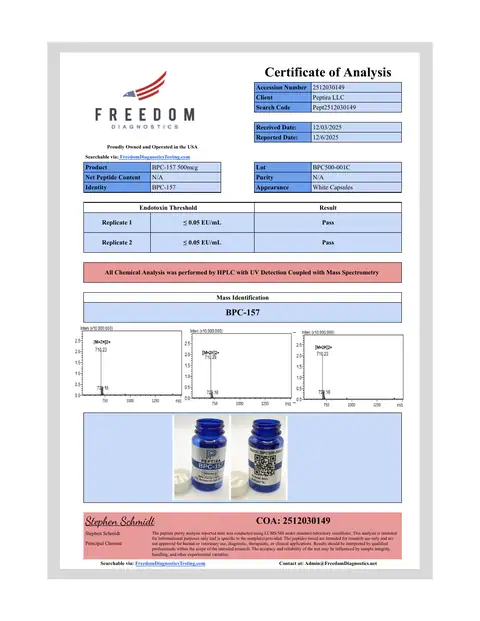 Page 1 of the certificate of analysis for BPC-157 Caps 500 mg 60ct lot BPC500-001C (Freedom Diagnostics)