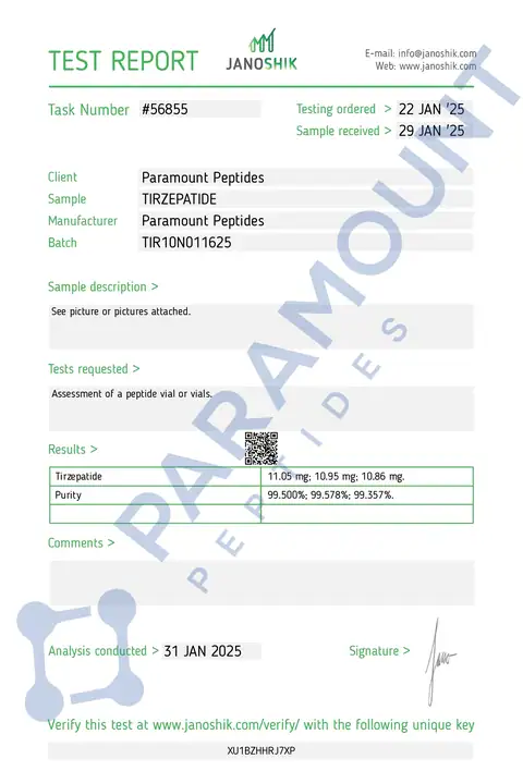 Page 1 of the certificate of analysis for GLP-2 T - 10mg lot TIR10N011625 (Janoshik)