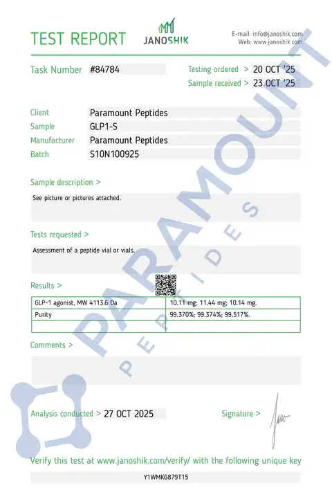 Page 1 of the certificate of analysis for GLP-1 S - 10mg lot S10N100925 (Janoshik)