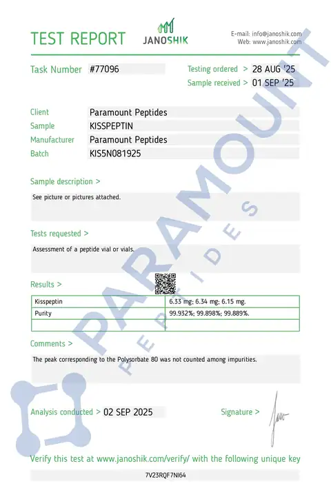 Page 1 of the certificate of analysis for Kisspeptin (5mg) lot KIS5N081925 (Janoshik)