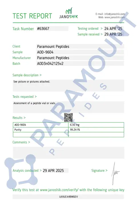 Page 1 of the certificate of analysis for AOD 9604 (6mg) lot AOD3n042125v2 (Janoshik)