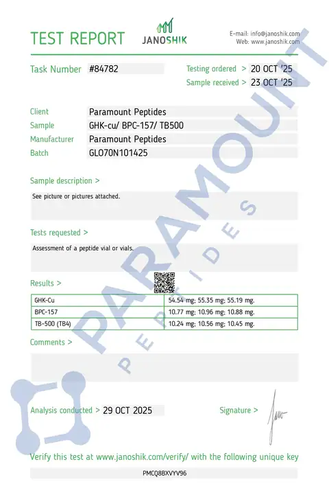 Page 1 of the certificate of analysis for GLOW 70 GHK-CU (50mg) / BPC-157 (10mg) / TB500 (10mg) lot GLO70N101425 (Janoshik)
