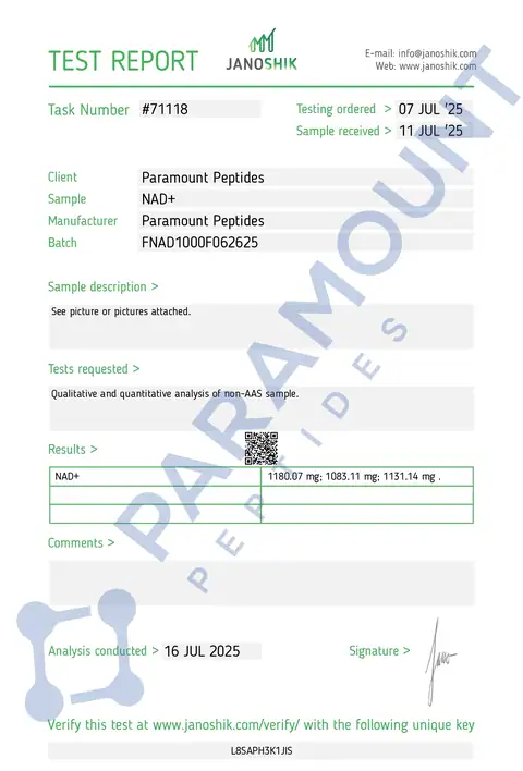 Page 1 of the certificate of analysis for NAD+ (1000mg) Biofermented (5ml Vial) lot FNAD1000F062625 (Janoshik)