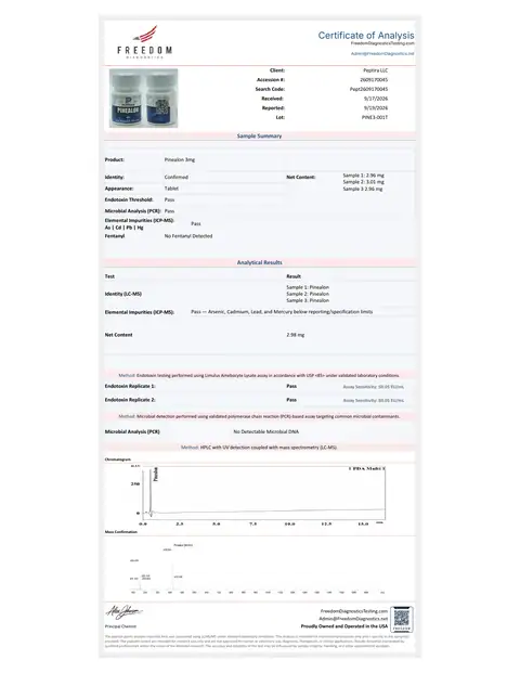 Page 1 of the certificate of analysis for Pinealon Tablets 3 mg 60ct lot PINE3-001T (Freedom Diagnostics)