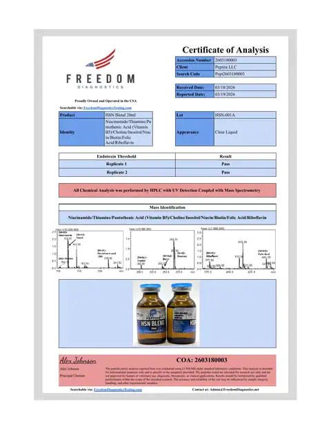 Page 1 of the certificate of analysis for HSN BLEND Liquid 20 ml lot HSN-001A (Freedom Diagnostics)