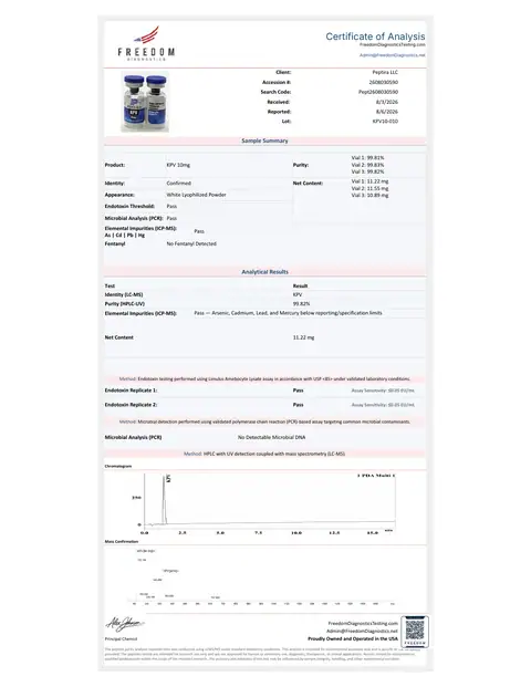 Page 1 of the certificate of analysis for KPV Vial 10 mg lot KPV10-010 (Freedom Diagnostics)