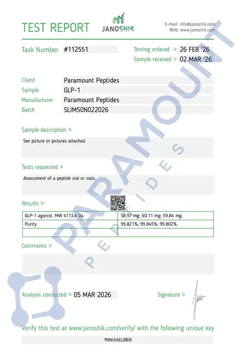 Page 1 of the certificate of analysis for GLP-1 S - 50mg lot SLIM50N022026 (Janoshik)