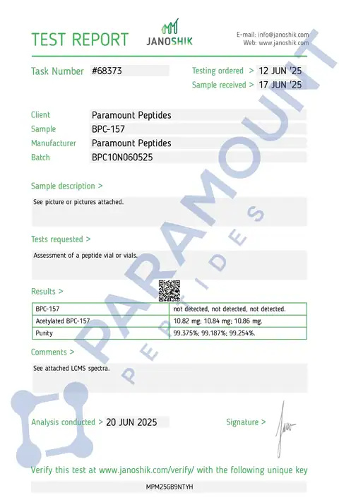 Page 1 of the certificate of analysis for BPC-157 (10mg) Acetylated lot BPC10N060525 (Janoshik)