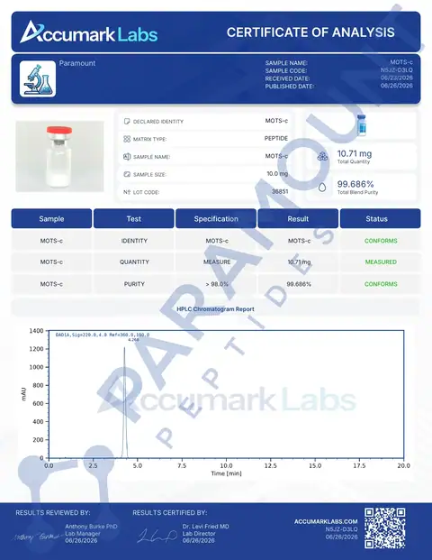Page 1 of the certificate of analysis for MOTs-C (10mg) lot 36851 (Accumark Labs)
