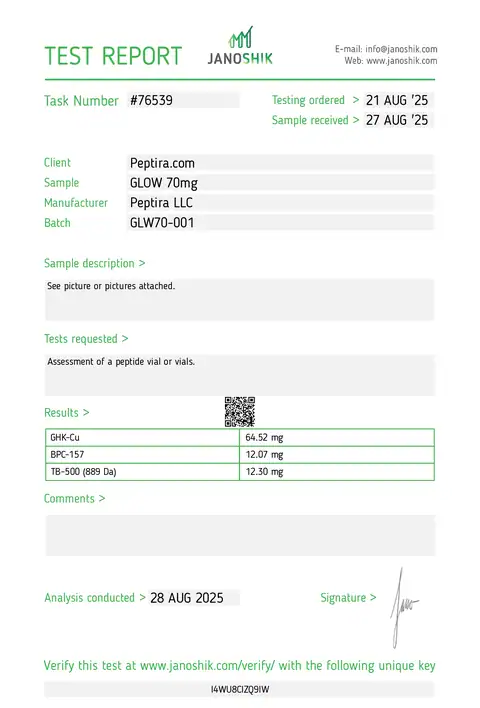 Page 1 of the certificate of analysis for GLOW Vial 70 mg lot GLW70-001 (Janoshik)