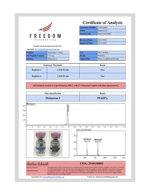 Page 1 of the certificate of analysis for Melanotan-1 Vial 10 mg lot MT1-10-004 (Freedom Diagnostics)