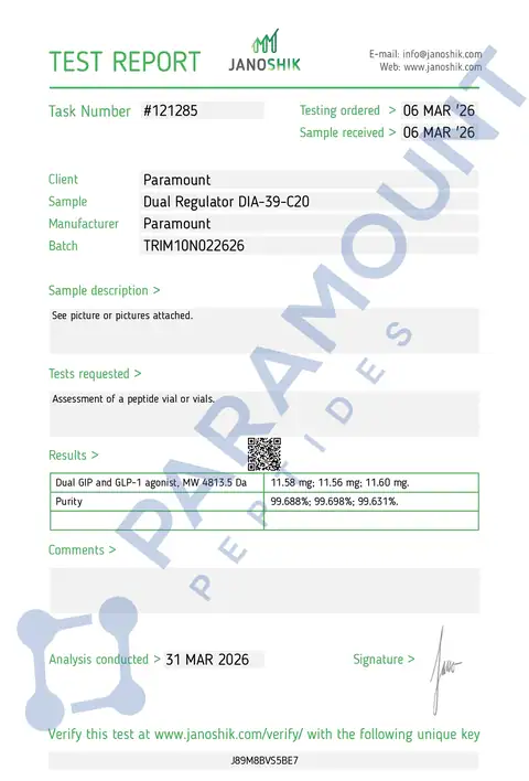 Page 1 of the certificate of analysis for GLP-2 T - 10mg lot TRIM10N022626 (Janoshik)