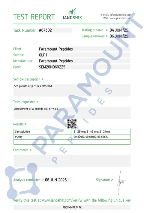 Page 1 of the certificate of analysis for GLP-1 S - 20mg lot SEM20N060225 (Janoshik)